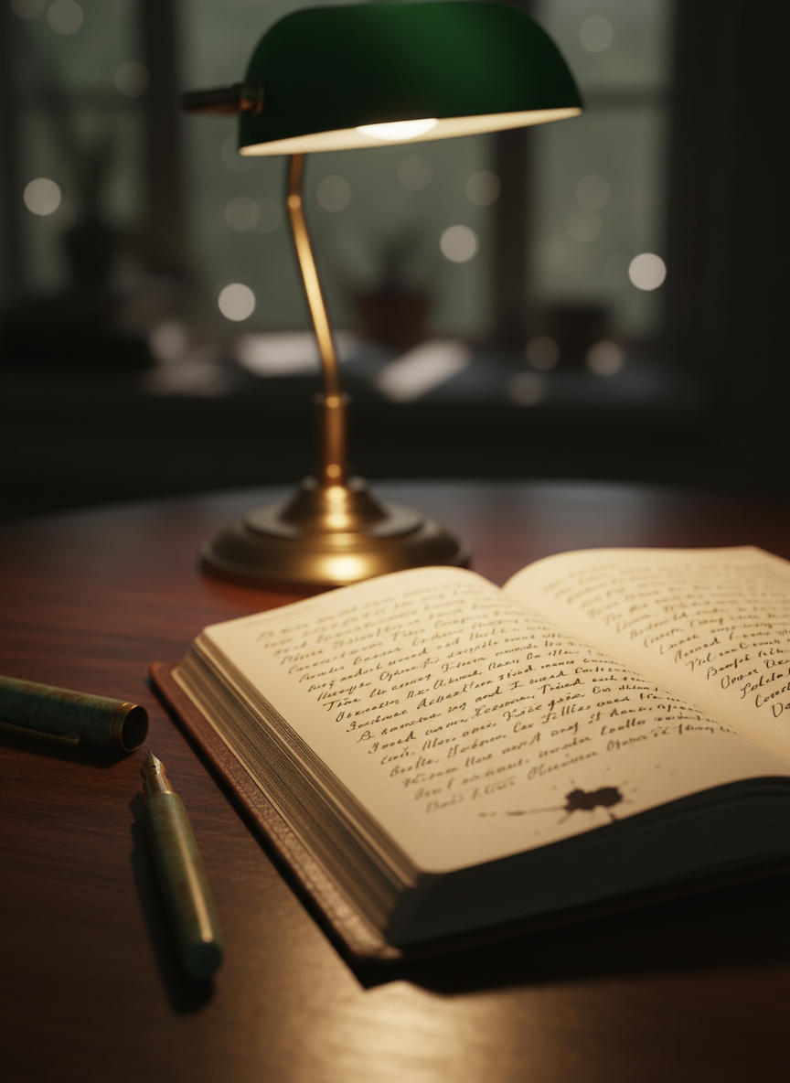 A well-worn hardcover notebook lies open on a dark wooden desk, its creamy pages filled with tight, slanting handwritten paragraphs and abrupt black-ink endings. Beside it, a vintage brass fountain pen rests crookedly, a tiny ink blot soaking into the paper near the final line. In the background, a single desk lamp casts a warm, focused cone of light, leaving the corners of the room in soft darkness. The atmosphere feels tense yet inviting, as if a twist is hidden in the last sentence. Photographic realism, shot at eye level with a shallow depth of field, the notebook in razor focus and the dim study behind blurred into moody bokeh.