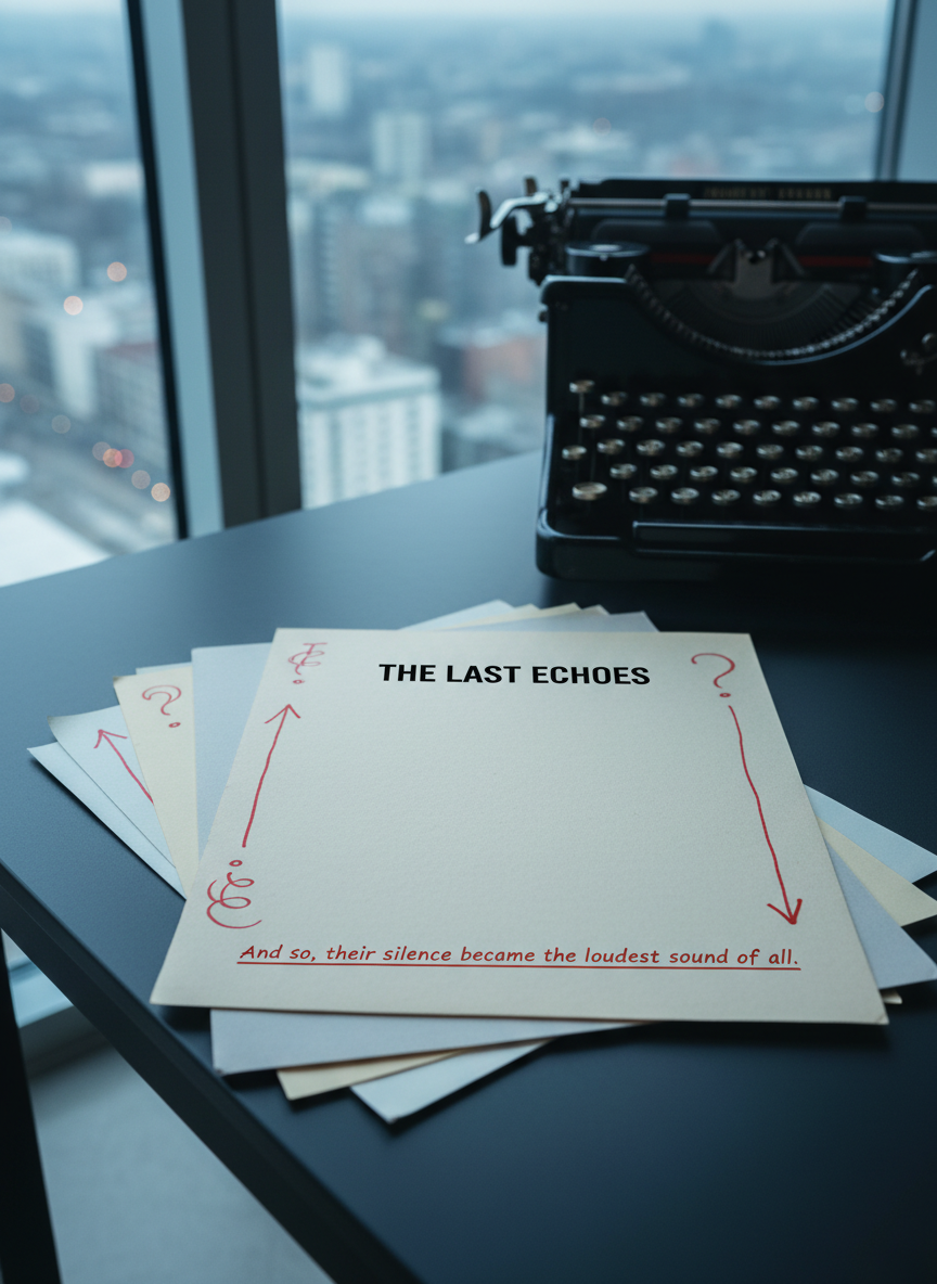 A stack of mismatched short story manuscripts, each printed on slightly different shades of paper, is neatly aligned at the edge of a minimalist black desk. The top page shows a bold, centered title, with red editorial marks curling along the margins and a sharply underlined final sentence. An old-fashioned metal typewriter sits further back, keys catching the cool bluish light from a nearby window on an overcast day. Faint city lights blur beyond the glass. Photographic realism, captured from a slightly elevated angle, with crisp focus on the marked-up page and a soft, atmospheric background that suggests quiet professionalism and creative intensity.