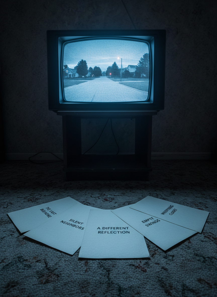 An old, boxy television set with rounded glass, its screen glowing faintly, sits on a low stand in a dim, narrow living room. On the floor in front of it lies a neatly arranged fan of printed pages, each bearing different short story titles in stark black type. The TV displays a static-filled image of a calm suburban street at dusk, subtly distorted. Only the television’s cold bluish light illuminates the room, casting long, eerie shadows over the papers. Photographic realism, low-angle composition from floor level, with deep focus that captures both the textured static on the screen and the sharp edges of the pages, evoking quiet horror and unease.