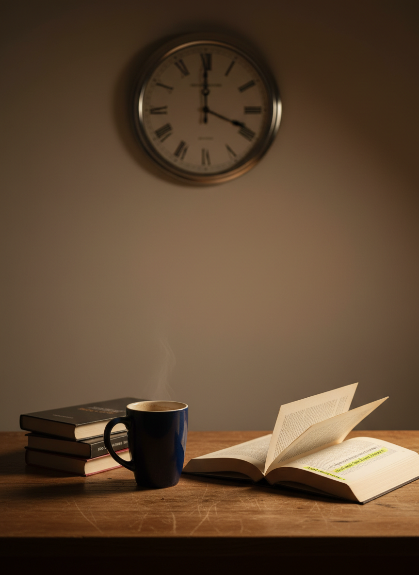 A midnight-blue ceramic mug, half-full of cooling coffee, sits forgotten on a scratched oak table beside a small stack of slim, glossy short story collections. One book lies open, its pages bowed, revealing a single sentence highlighted in pale yellow near the bottom of the right page. A ticking, silver analog clock on the wall behind shows just past 3 a.m., slightly out of focus. Soft, directional lamplight from the right creates gentle shadows and emphasizes the texture of paper and wood. Photographic realism, composed using the rule of thirds, conveying late-night concentration, quiet tension, and the lingering promise of an unexpected ending.